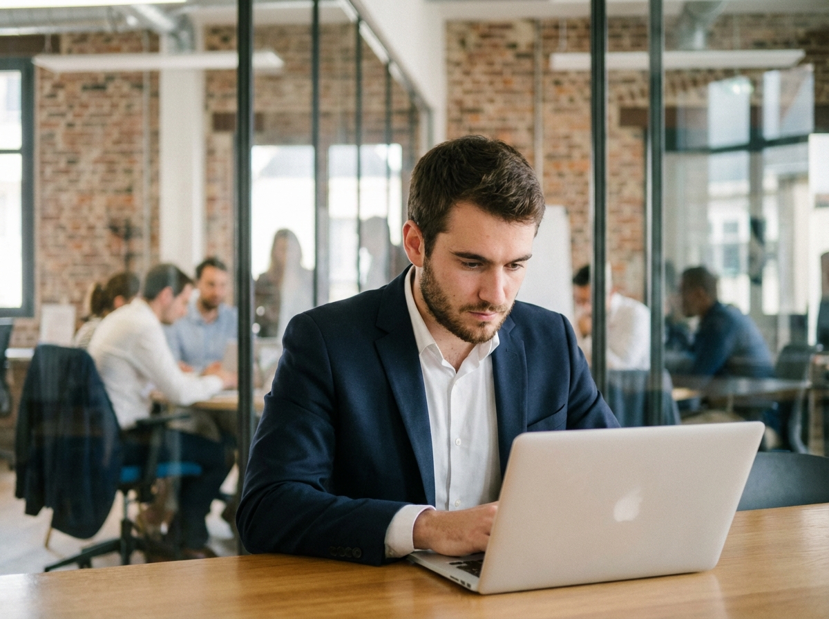 Jeune professionnel en costume dans un espace de travail moderne à Rennes