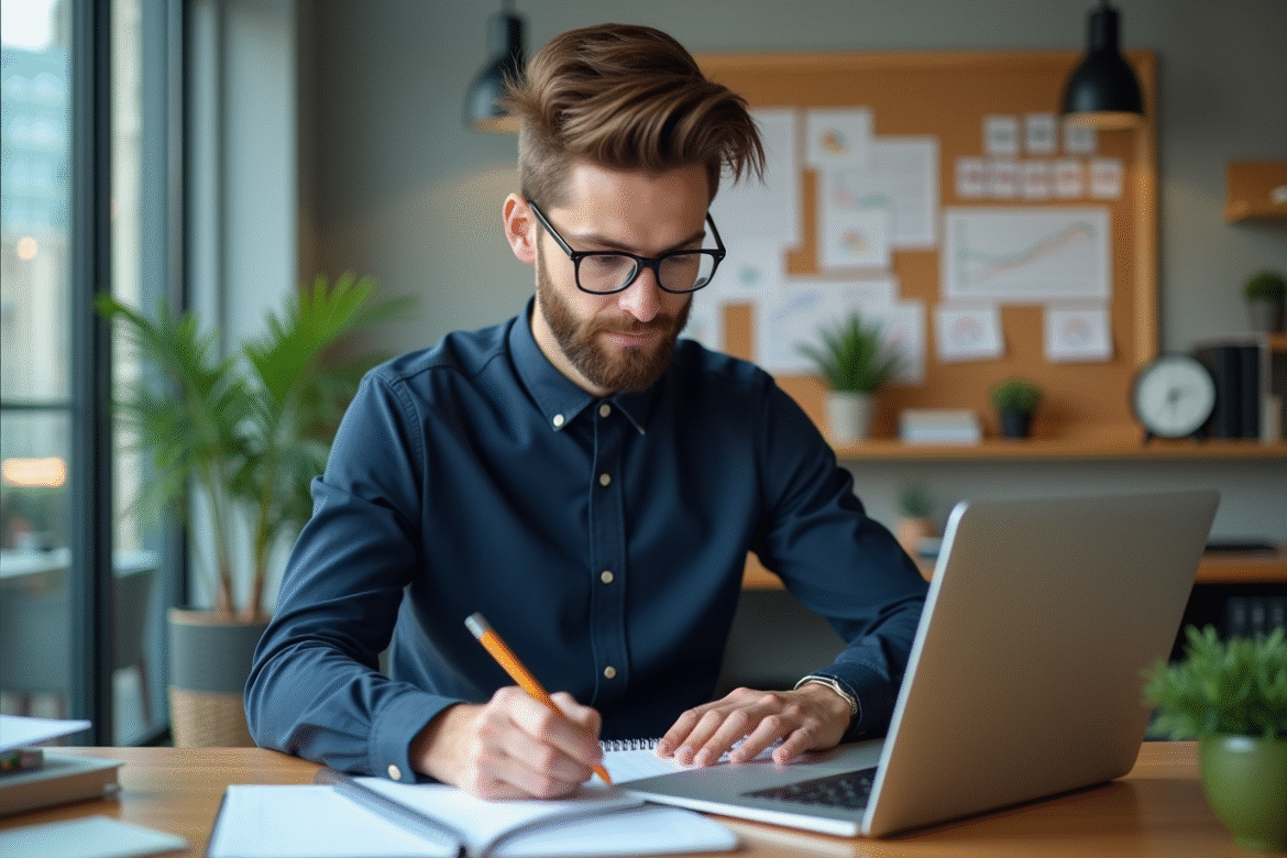 Jeune homme professionnel travaillant sur son ordinateur dans un bureau moderne