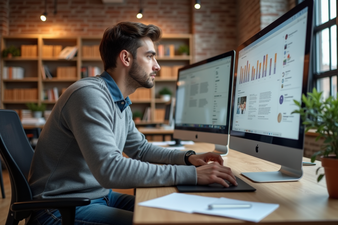Jeune web designer concentré devant son ordinateur dans un bureau moderne