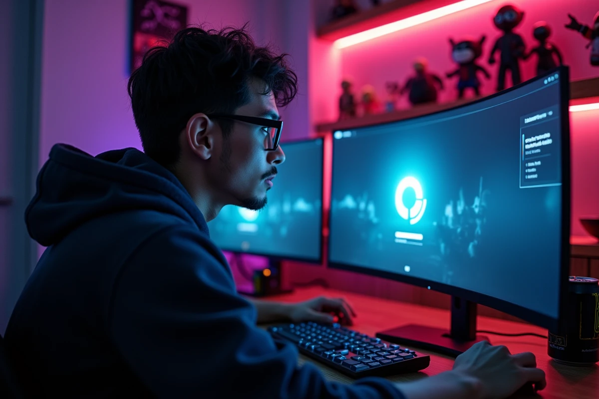 Joueur frustré devant un PC gaming avec FiveM en lag sur écran ultrawide
