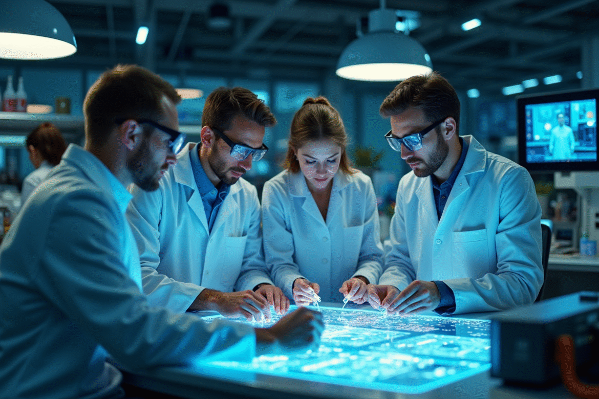 Groupe de scientifiques en laboratoire futuriste avec interfaces holographiques