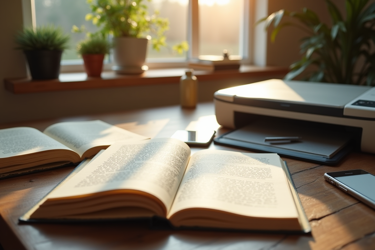 Livres et notes sur une table ensoleillée dans un espace d