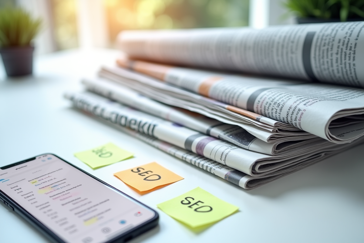 Magazines et smartphone avec indicateurs SEO sur table blanche