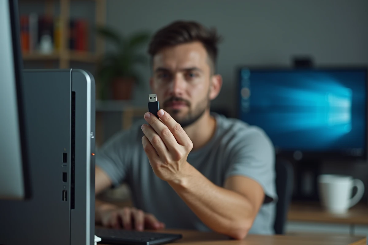 Main tenant une clé USB devant un ordinateur de bureau avec ports USB visibles