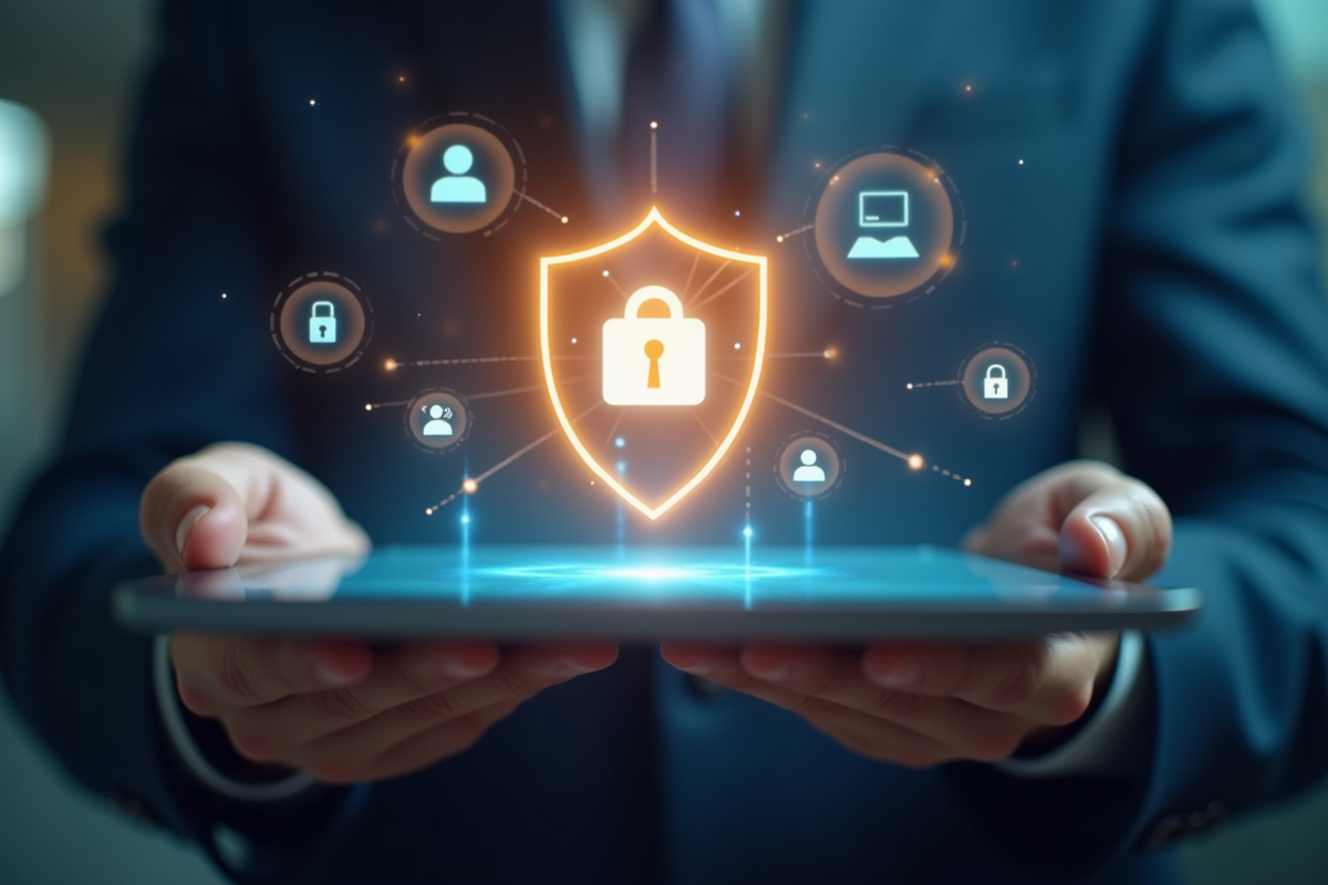 Main tenant une tablette avec un symbole de bouclier de securite