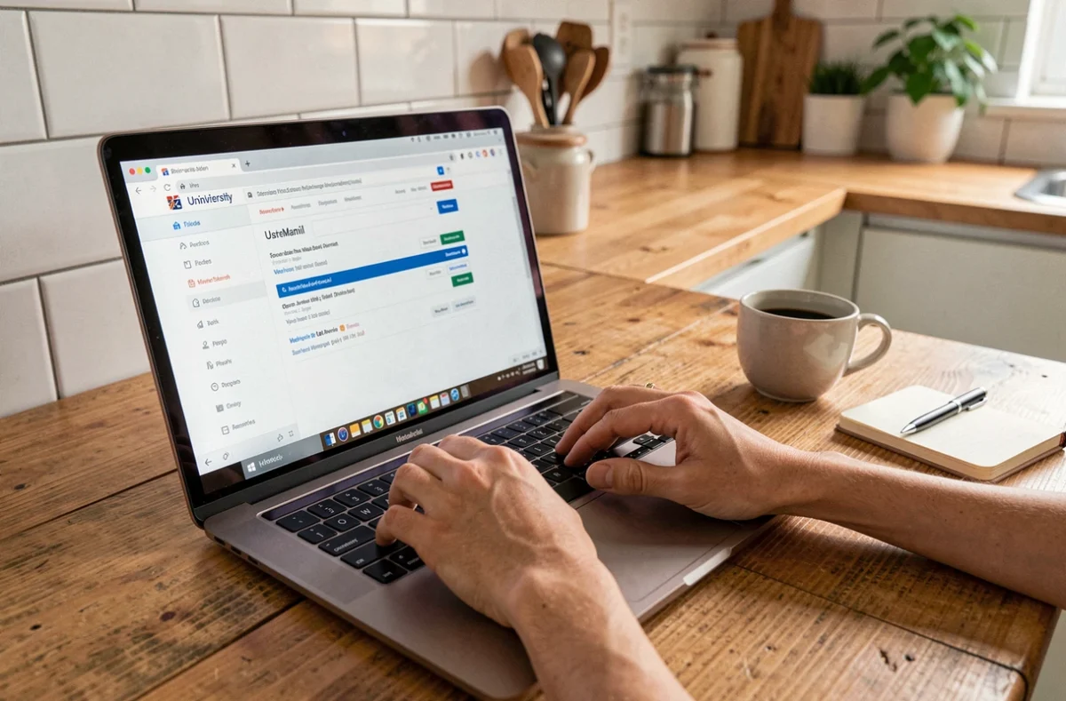 Mains tapant sur un clavier pour accéder au webmail de l'université de Montpellier depuis la maison