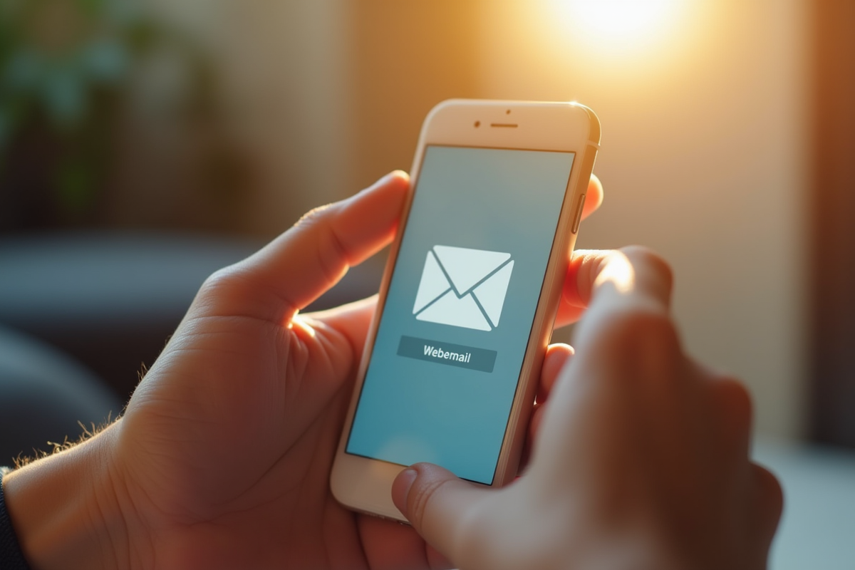 Mains tenant un smartphone affichant une page de connexion webmail en lumière douce