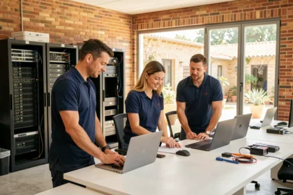 Équipe de techniciens informatiques en Occitanie collaborant autour d'un poste de travail dans un open space moderne