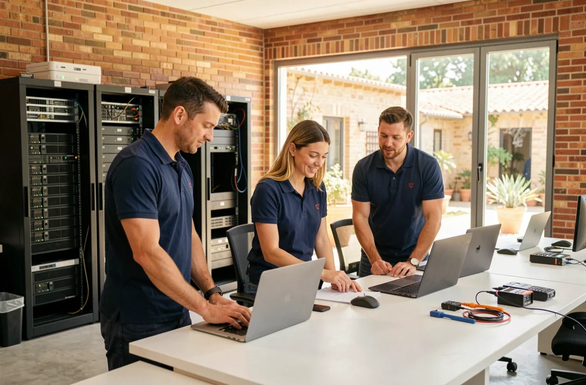 Équipe de techniciens informatiques en Occitanie collaborant autour d'un poste de travail dans un open space moderne