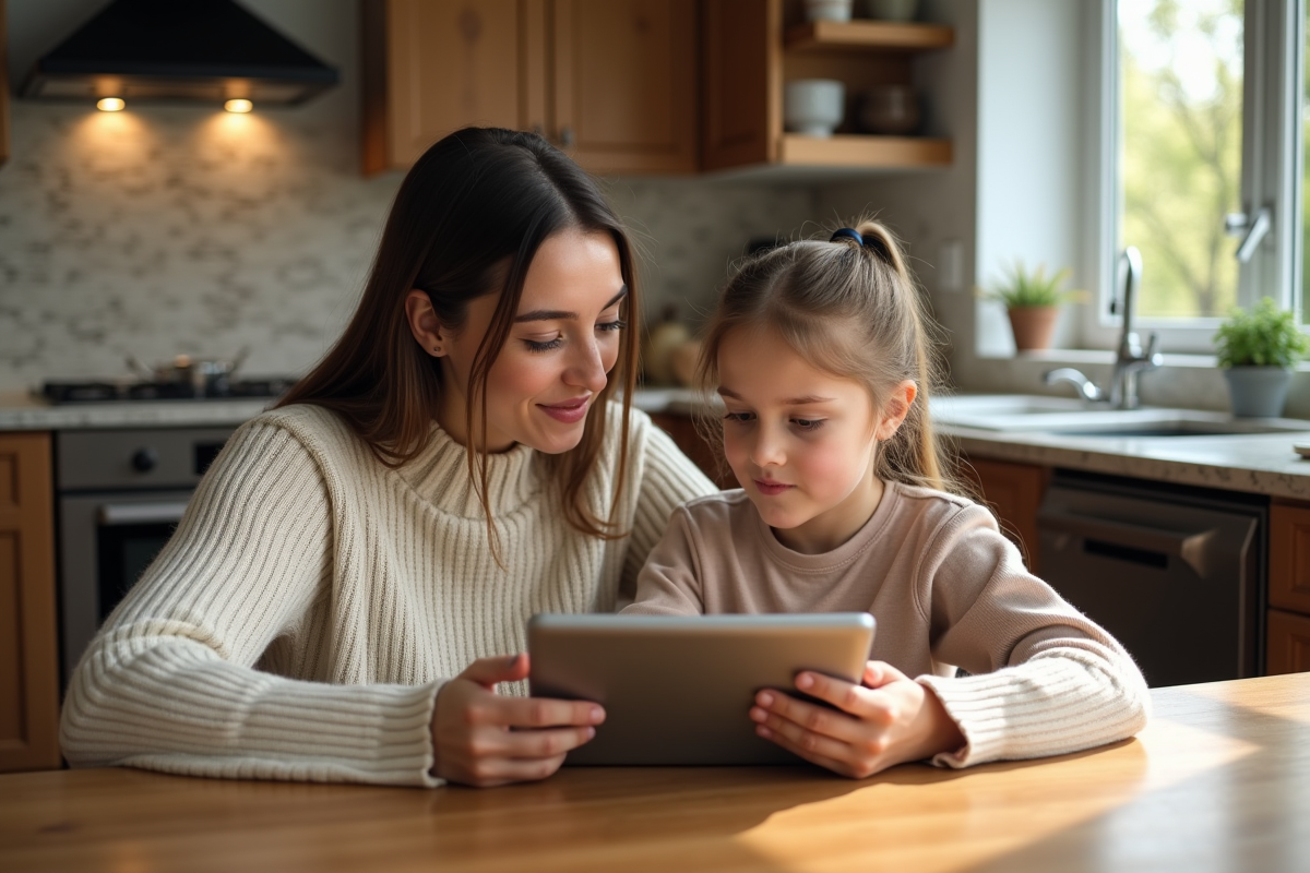 Femme et fille partageant un moment éducatif à la maison