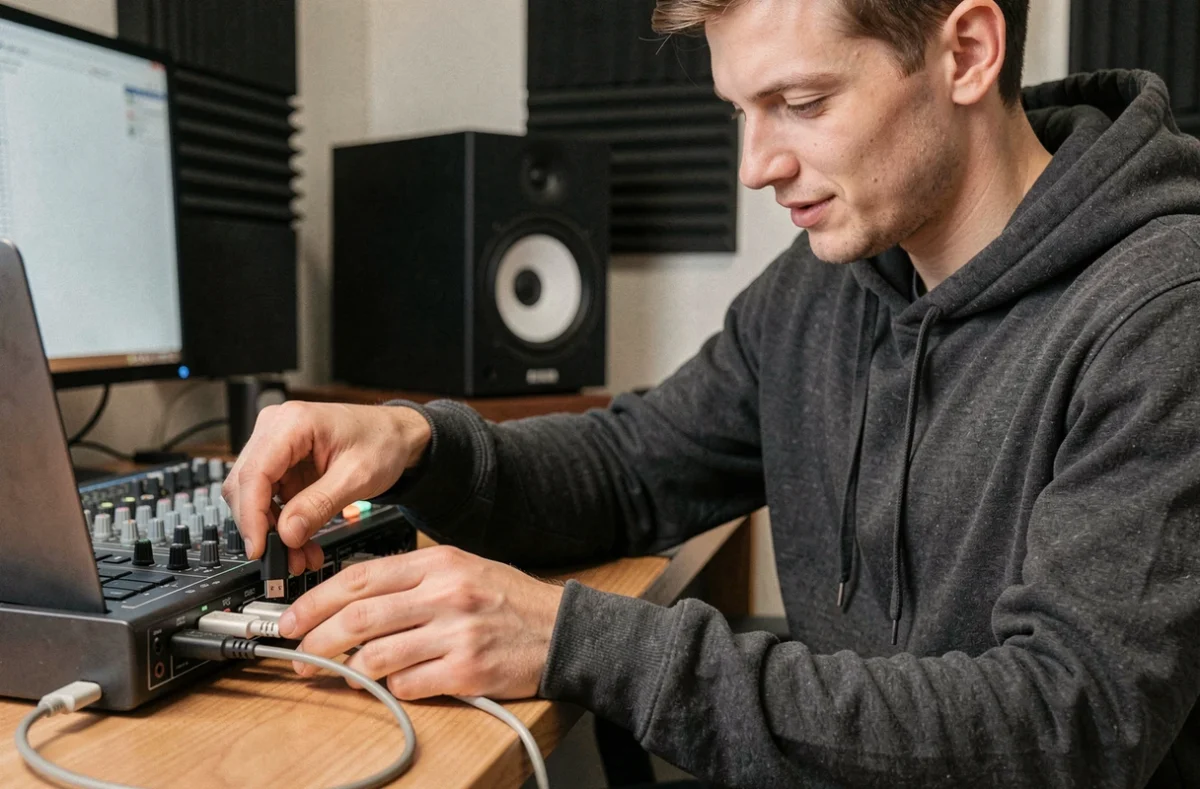 Musicien branchant un câble USB-C sur une interface audio dans un home studio avec mousse acoustique en arrière-plan