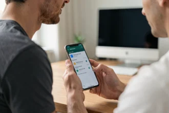 Homme utilisant les options développeur sur un Samsung Galaxy S dans un bureau à domicile moderne