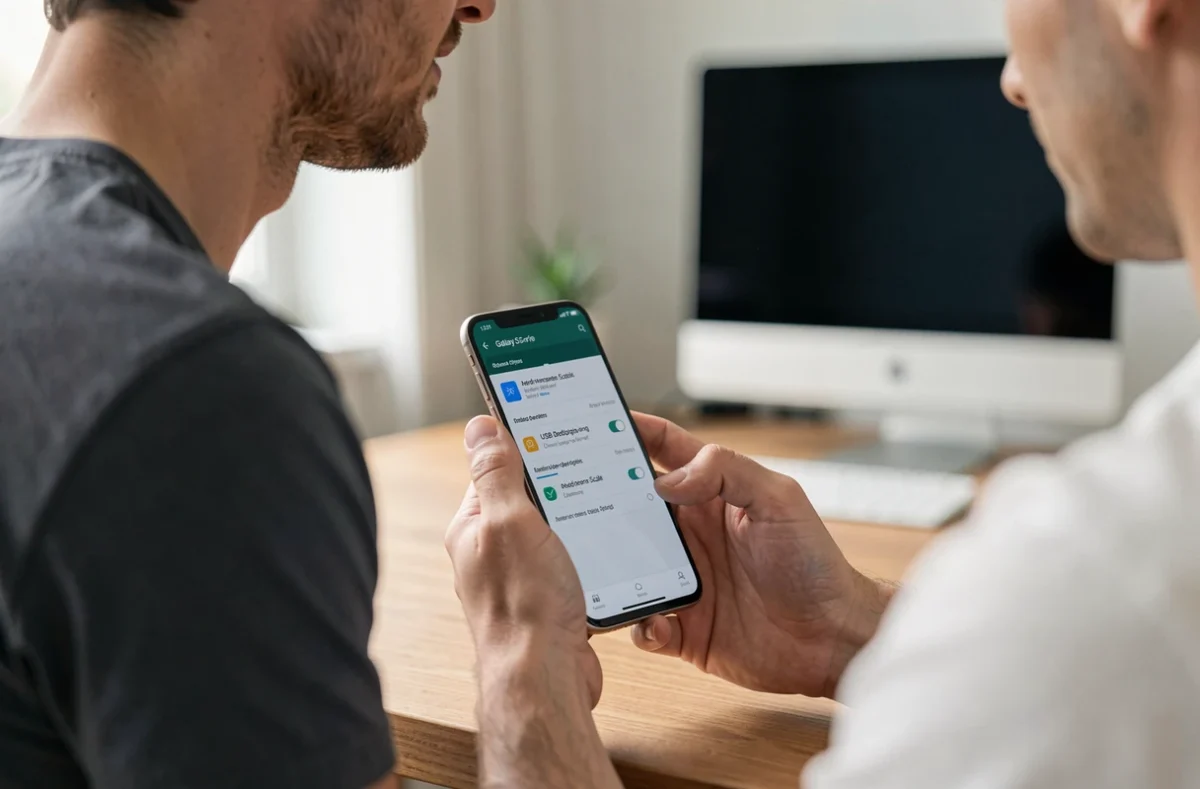 Homme utilisant les options développeur sur un Samsung Galaxy S dans un bureau à domicile moderne
