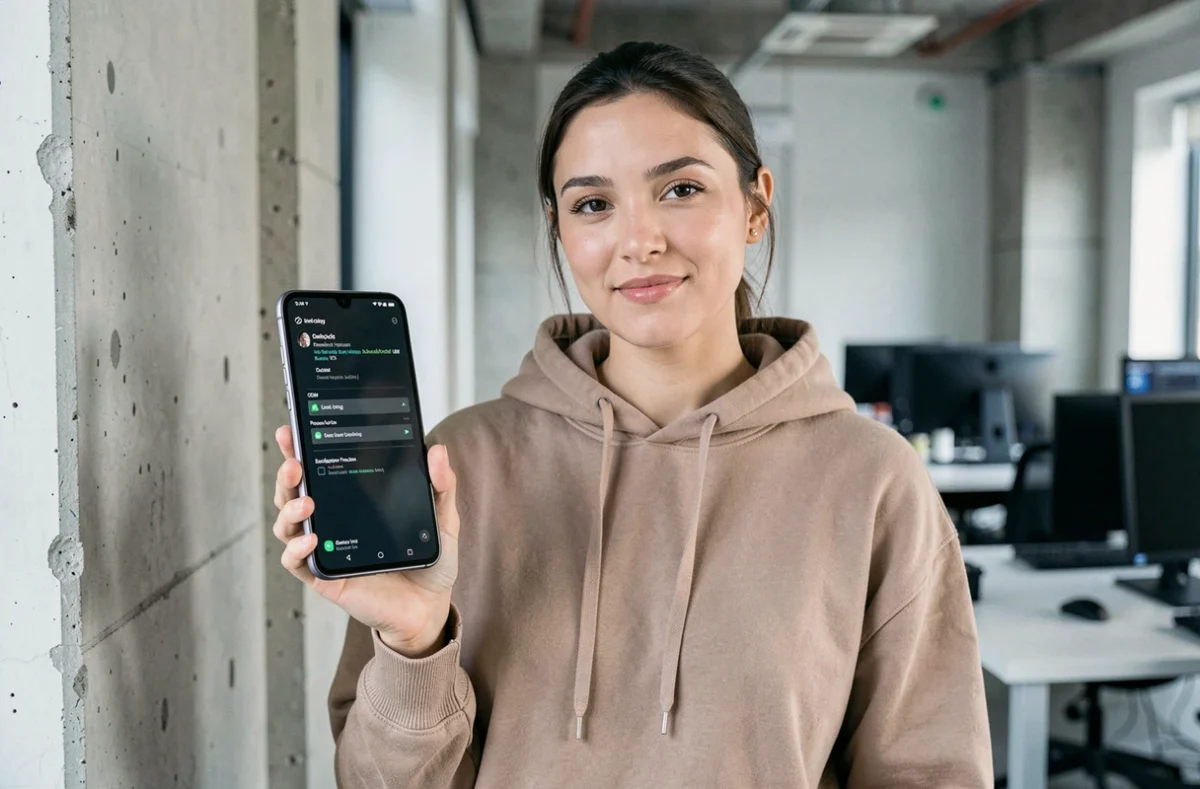 Femme explorant les paramètres développeur sur un Samsung Galaxy Z Fold dans un espace de travail tech moderne