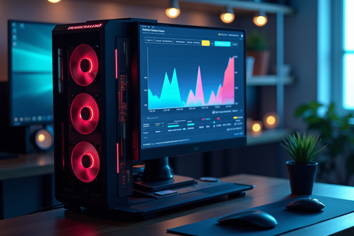 Configuration PC puissante avec carte graphique illuminée et graphique de benchmark