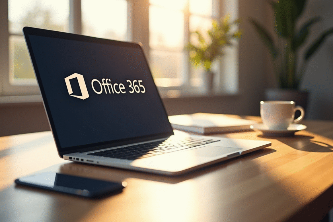 Ordinateur portable moderne avec clé Office 365 sur bureau lumineux