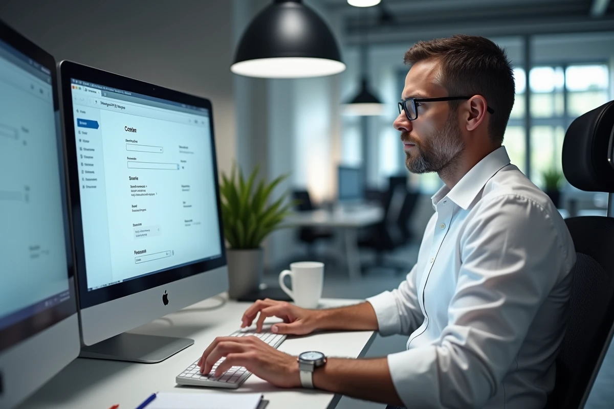 Homme paramétrant le logiciel Thunderbird sur un poste de travail double écran dans un bureau moderne