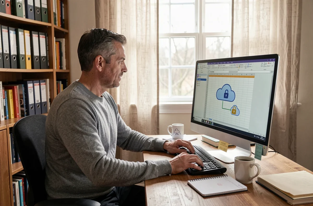 Homme utilisant un ordinateur de bureau à domicile pour partager un fichier Excel protégé par mot de passe via une interface cloud