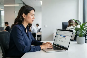 Femme professionnelle partageant un fichier Excel sécurisé par mot de passe sur son ordinateur portable en bureau moderne