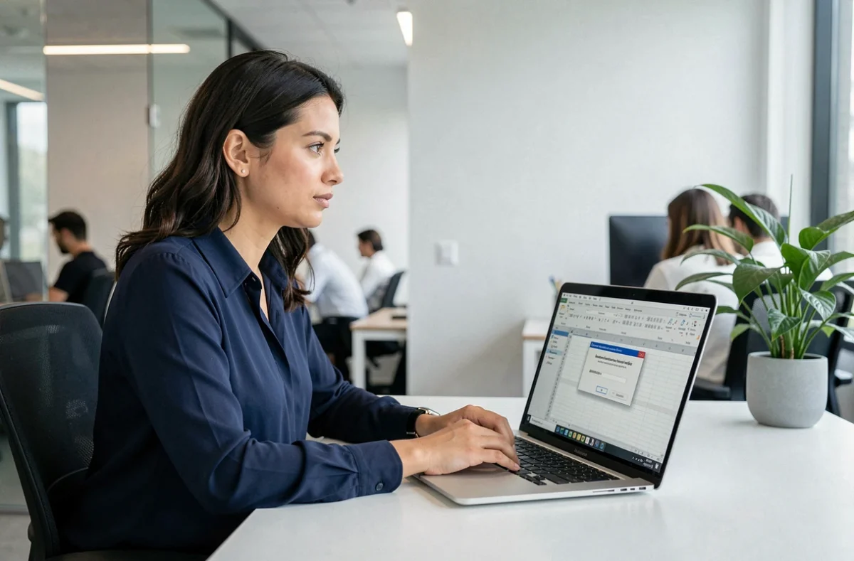 Femme professionnelle partageant un fichier Excel sécurisé par mot de passe sur son ordinateur portable en bureau moderne