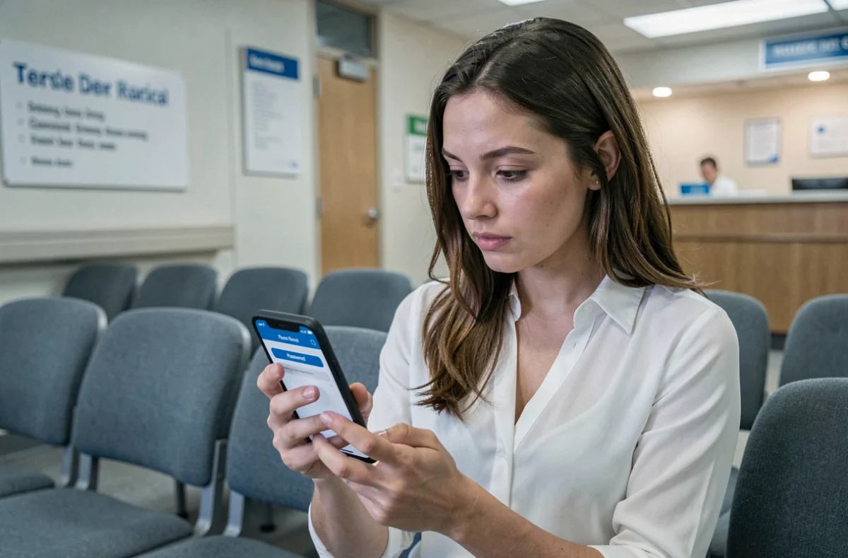 Jeune femme dans une salle d'attente médicale consultant son téléphone pour réinitialiser son mot de passe irldr