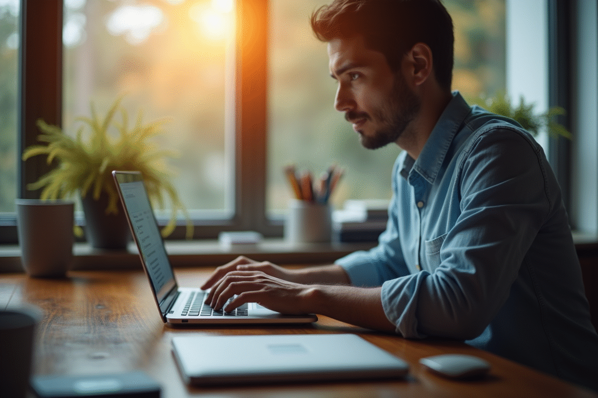 Personne travaillant sur un bureau moderne avec un ordinateur portable pour consulter ses emails