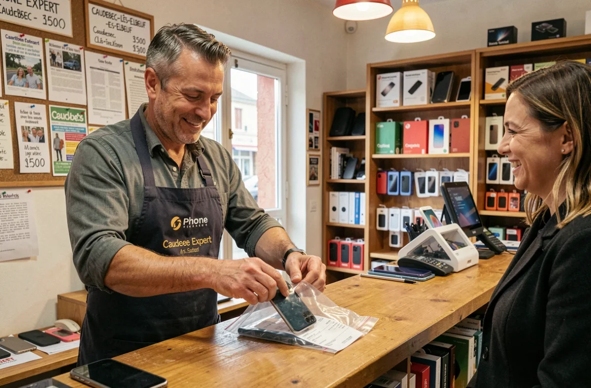 Technicien de Phone Expert Caudebec-lès-Elbeuf remettant un smartphone réparé dans son emballage à un client satisfait dans sa boutique de proximité