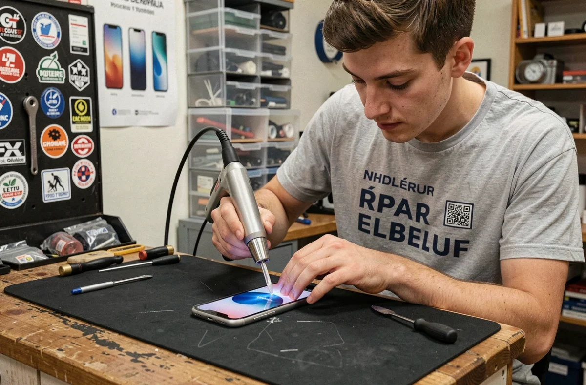Technicien de Phone Répar Elbeuf utilisant un décapeur thermique pour ouvrir un smartphone sur son plan de travail