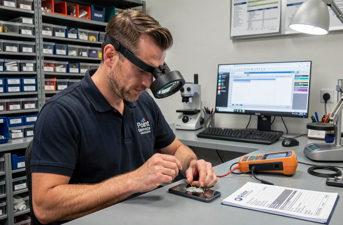 Technicien de Point Service Mobiles Rouen diagnostiquant un smartphone endommagé par l'eau avec une loupe frontale et un multimètre