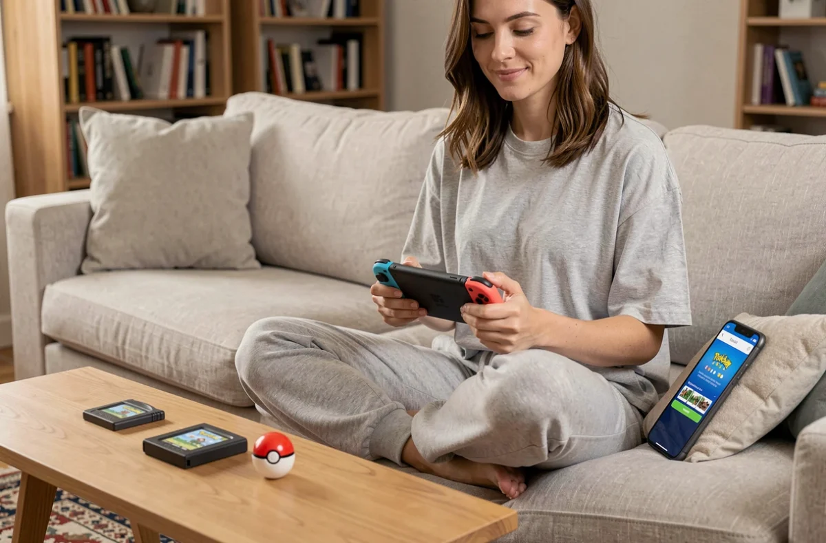 Femme utilisant Pokémon HOME sur Nintendo Switch et smartphone pour transférer des Pokémon depuis Émeraude vers les jeux modernes