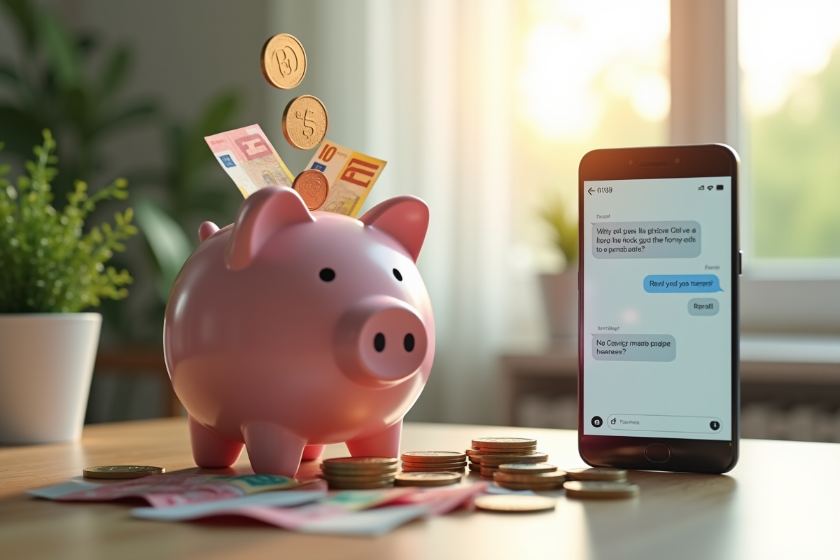Porte-monnaie avec pièces et billets d euro à côté d un smartphone avec chatbot