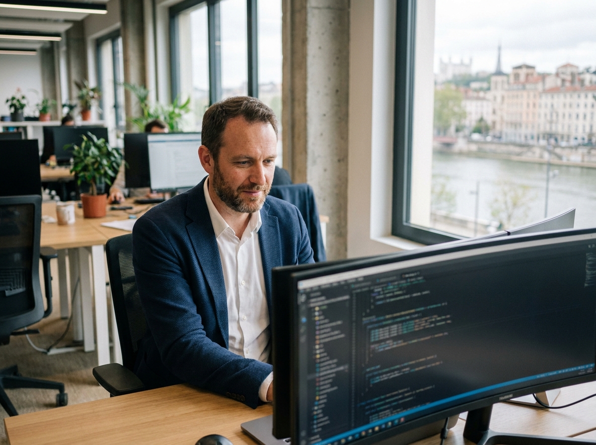 Consultant informatique professionnel travaillant sur des écrans dans un bureau moderne à Lyon