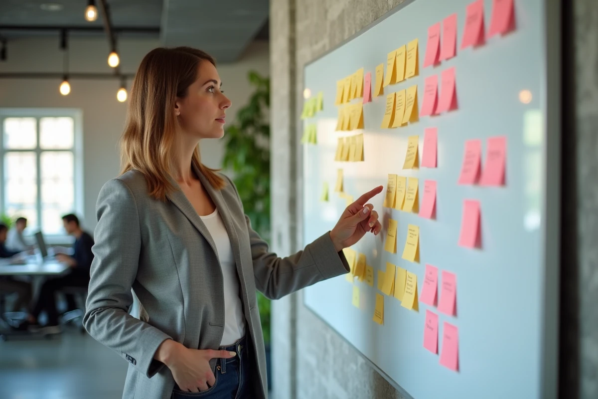 Chef de produit devant un tableau de priorisation avec des post-its colorés organisés par colonnes, illustrant la méthode feature by feature