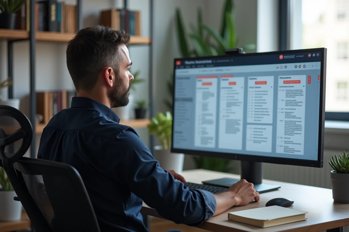Product manager analysant un tableau kanban numérique de priorisation de fonctionnalités sur son écran, illustrant la gestion produit feature by feature