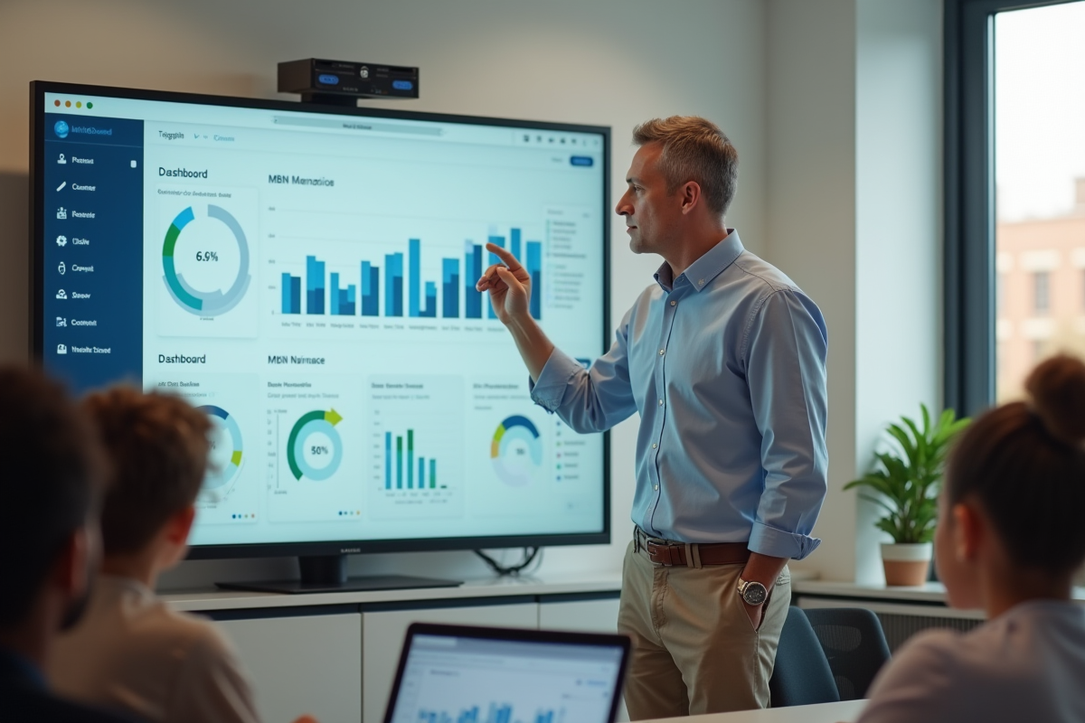 Professeur devant tableau interactif avec élèves attentifs