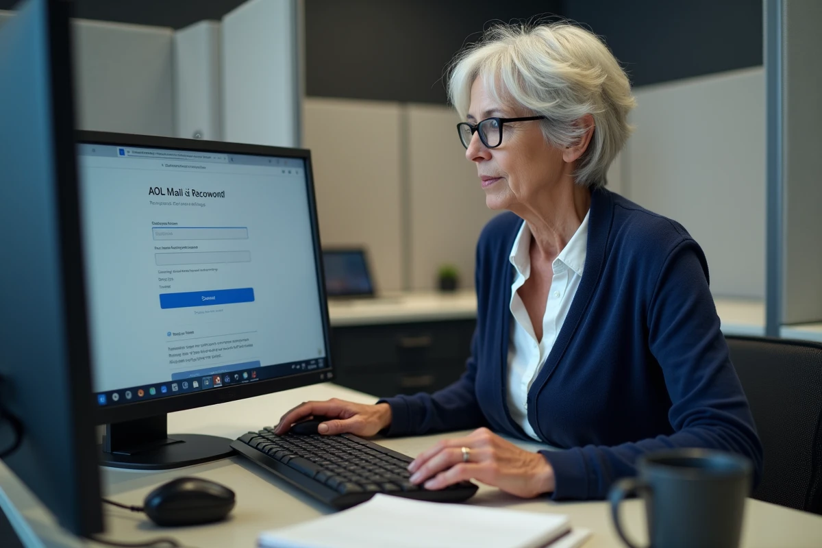 Femme d'âge mûr consultant un email de récupération de compte AOL Mail sur un ordinateur de bureau au bureau