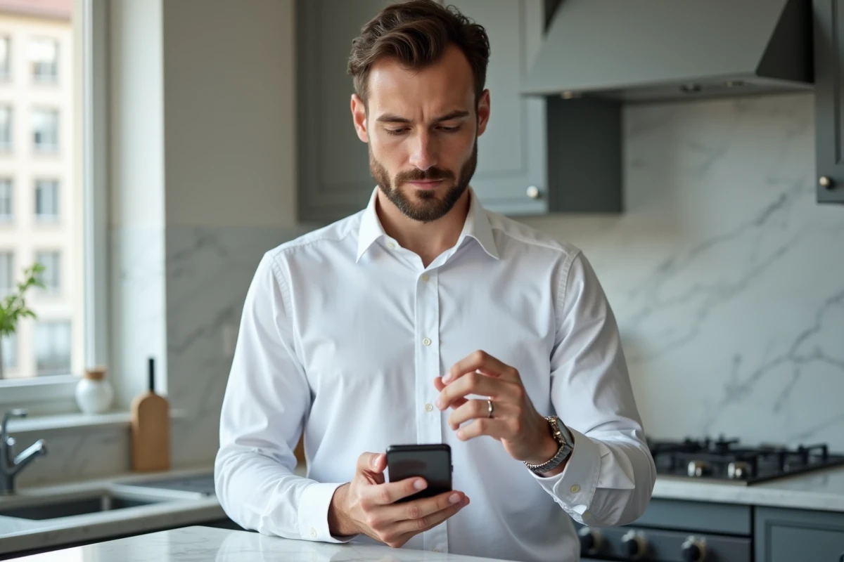 Homme réinitialisant son mot de passe AOL Mail sur un smartphone dans une cuisine moderne