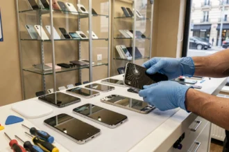 Atelier de réparation de smartphones en Seine-Maritime avec des téléphones démontés sur un plan de travail professionnel