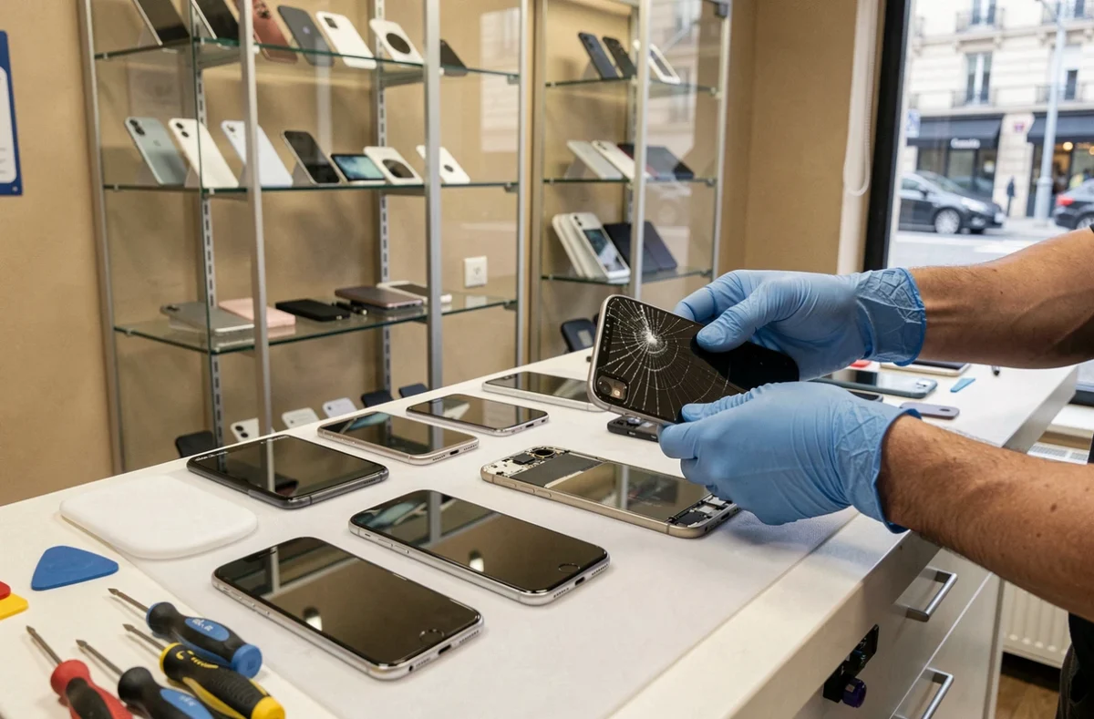 Atelier de réparation de smartphones en Seine-Maritime avec des téléphones démontés sur un plan de travail professionnel