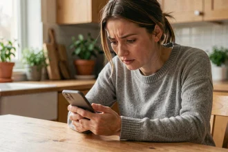 Femme consultant son iPhone à la table de cuisine pour retrouver des photos supprimées de son enfant