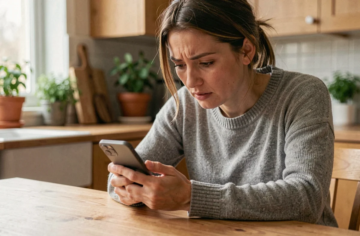 Femme consultant son iPhone à la table de cuisine pour retrouver des photos supprimées de son enfant