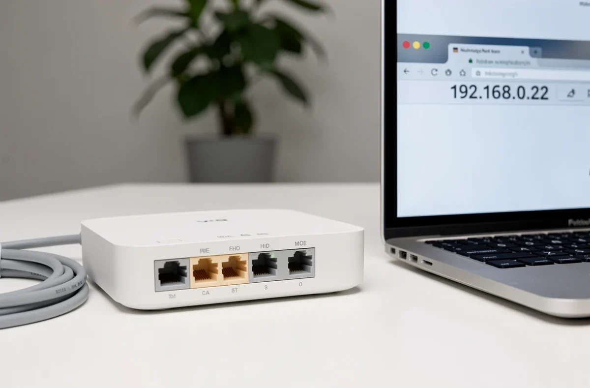 Routeur domestique sans fil posé sur un bureau blanc à côté d'un ordinateur portable affichant l'adresse IP 192.168.0.22 dans la barre du navigateur