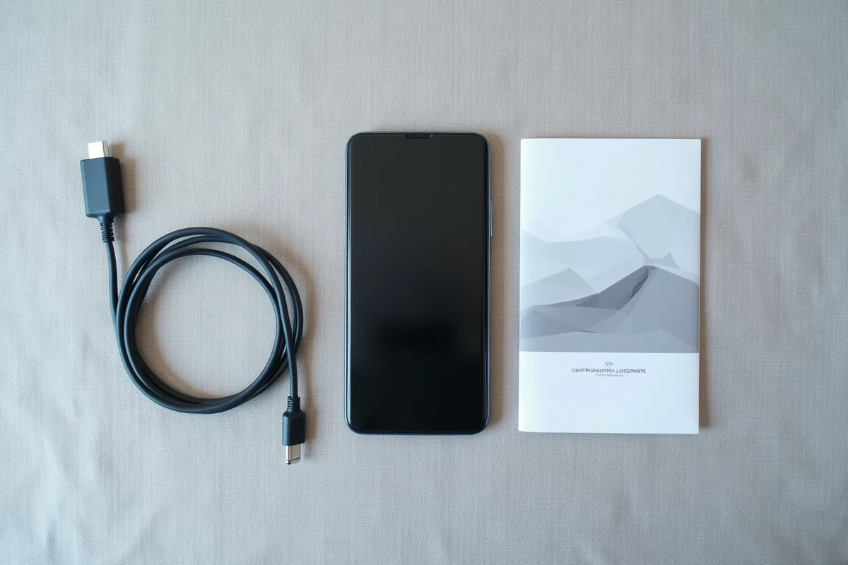 Samsung E250 posé avec ses accessoires d'origine chargeur et manuel sur un tissu lin gris en vue de dessus