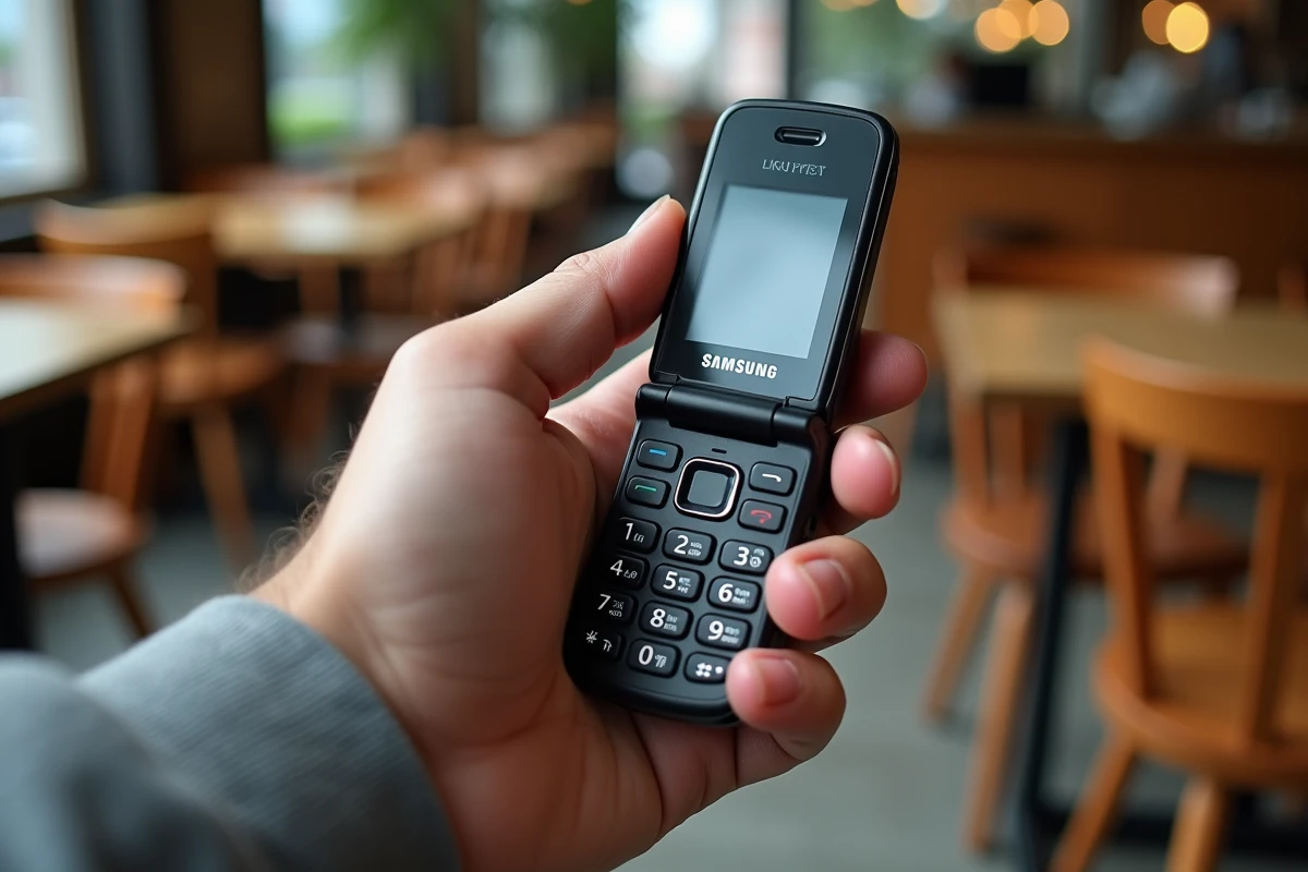 Main tenant un Samsung E250 ouvert montrant le clavier et l'écran avec un menu affiché dans un café
