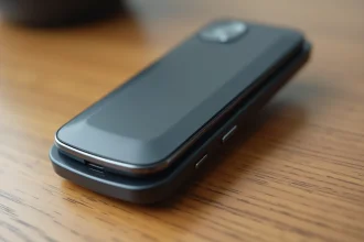 Samsung E250 téléphone portable à clapet fermé posé sur un bureau en bois, vue en plan rapproché