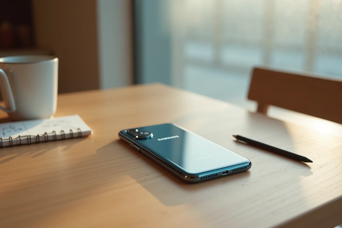 Samsung Galaxy A25 posé sur une table en bois avec un carnet de notes et une tasse de café