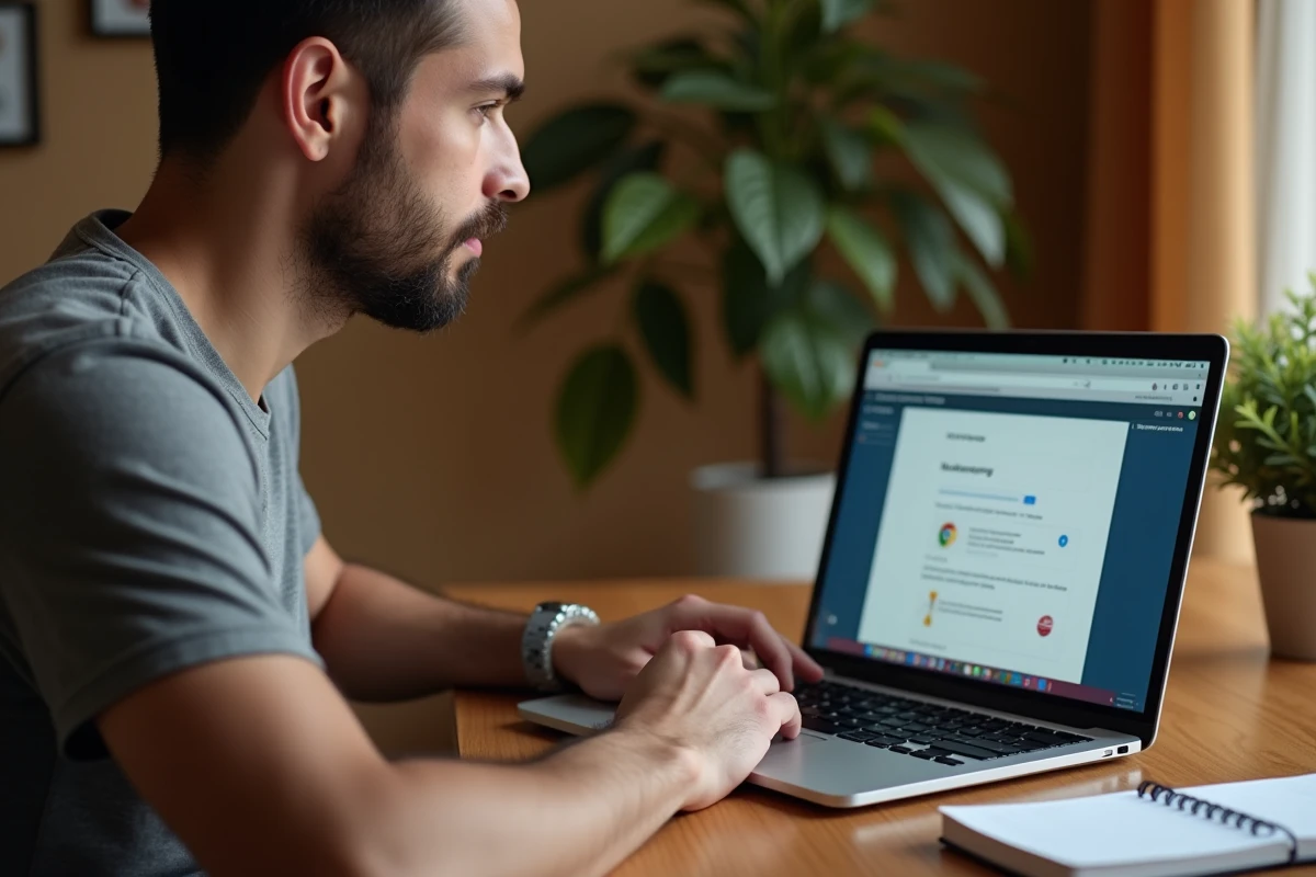 Homme consultant les paramètres de mots de passe enregistrés dans Google Chrome sur un ordinateur portable avant une réinstallation de Windows