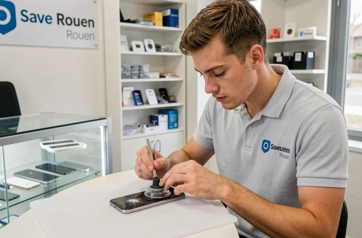 Technicien de Save Rouen remplaçant l'écran fissuré d'un smartphone sur son plan de travail
