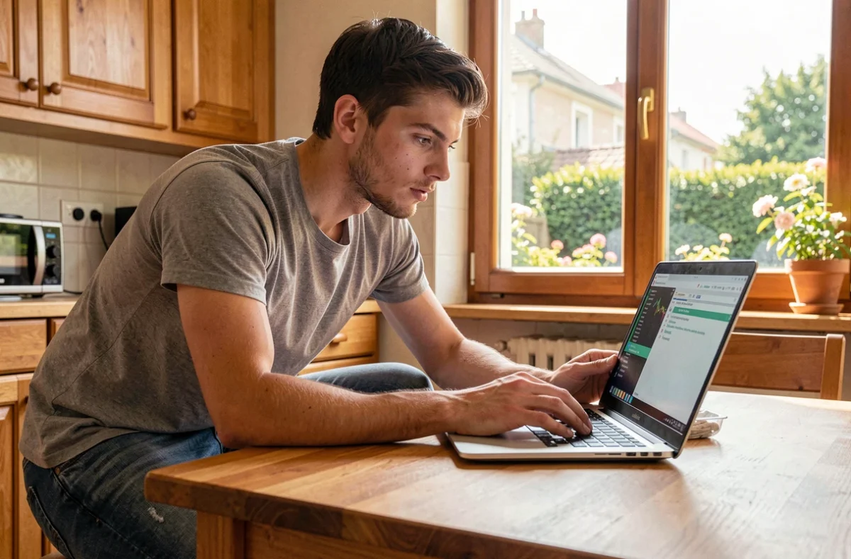 Technicien de Sebastien Informatique effectuant un diagnostic sur un ordinateur portable chez un particulier