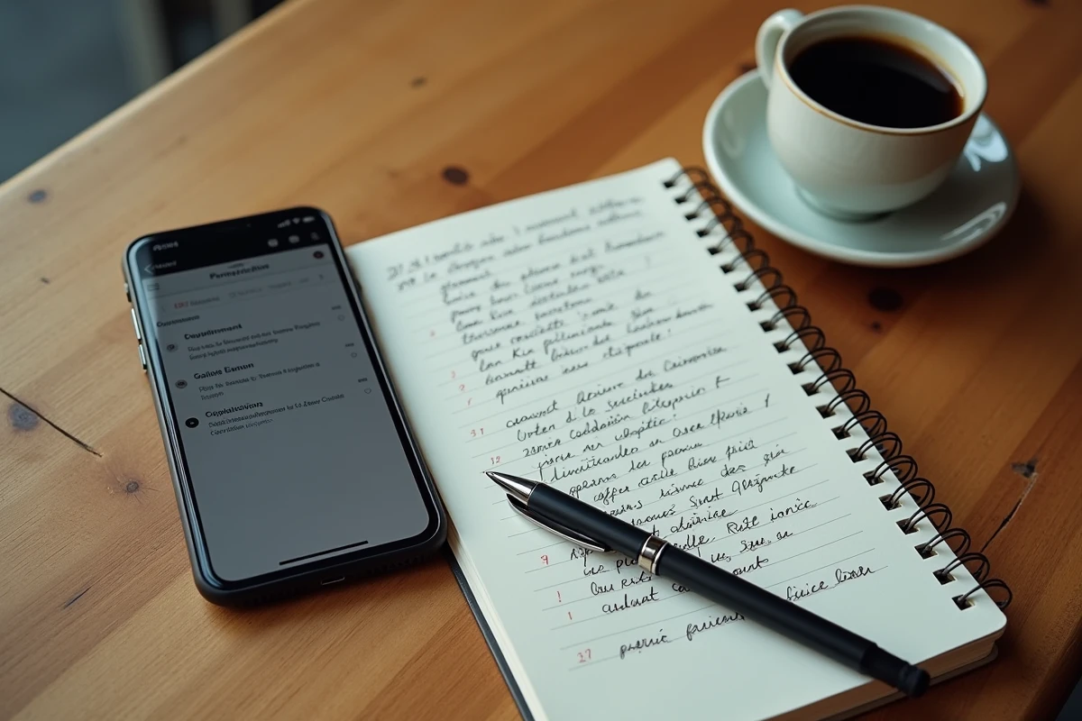 Smartphone affichant l'interface webmail SOGo de l'académie de Lille posé sur une table de café avec un carnet de notes